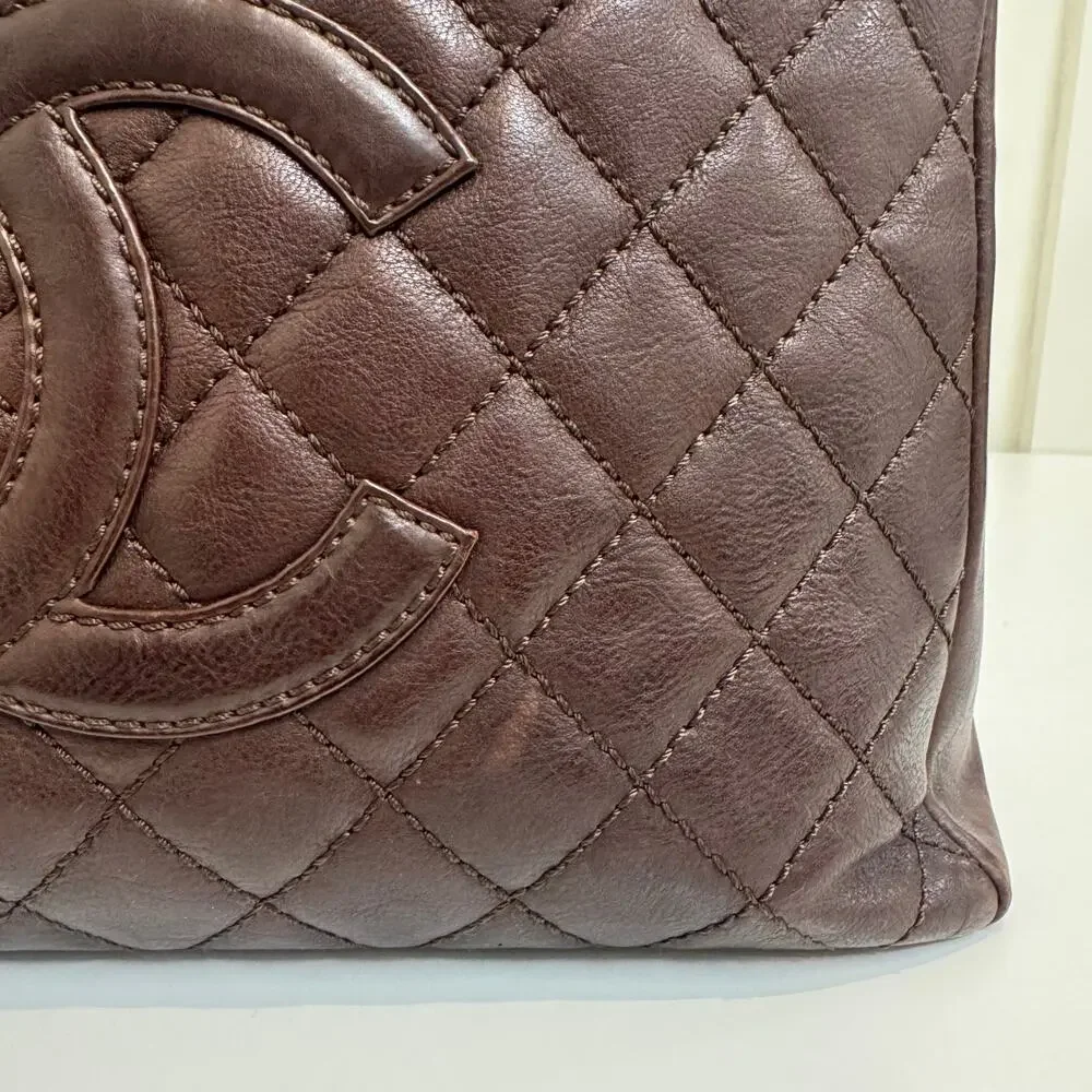 CHANEL Brown Quilted Lambskin Grand Shopping Tote Leather CC Logo Shoulder Bag